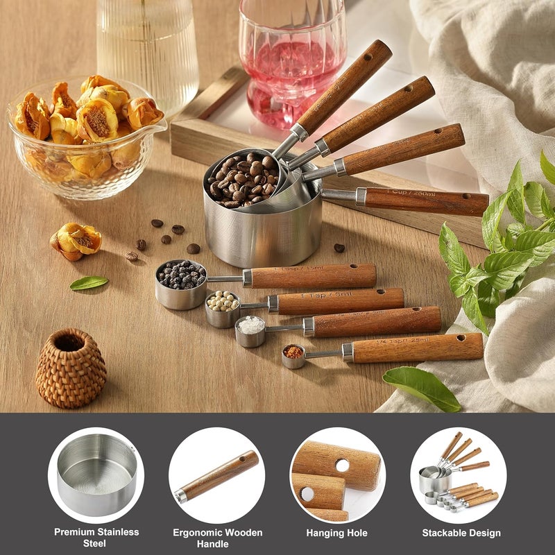 DAJLFA 8PCS Measuring Cups, Stainless Steel Measuring Cups and Spoons Set with Ergonomic Wooden Handle for Cooking & Baking - Image 3